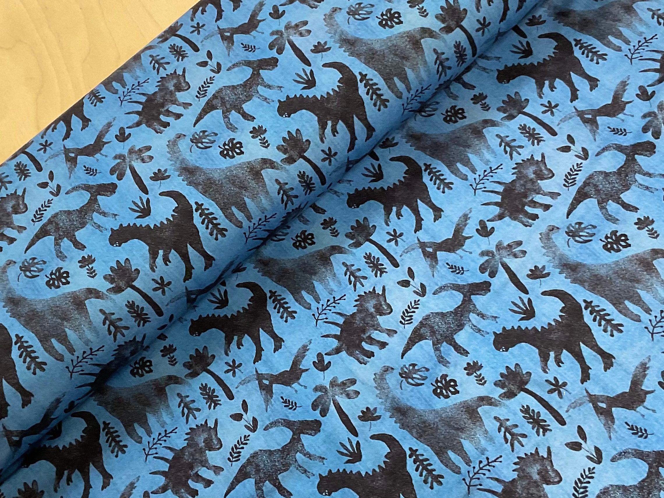 Dark Dinosaurs on Jeans Effect Brushed Back French Terry