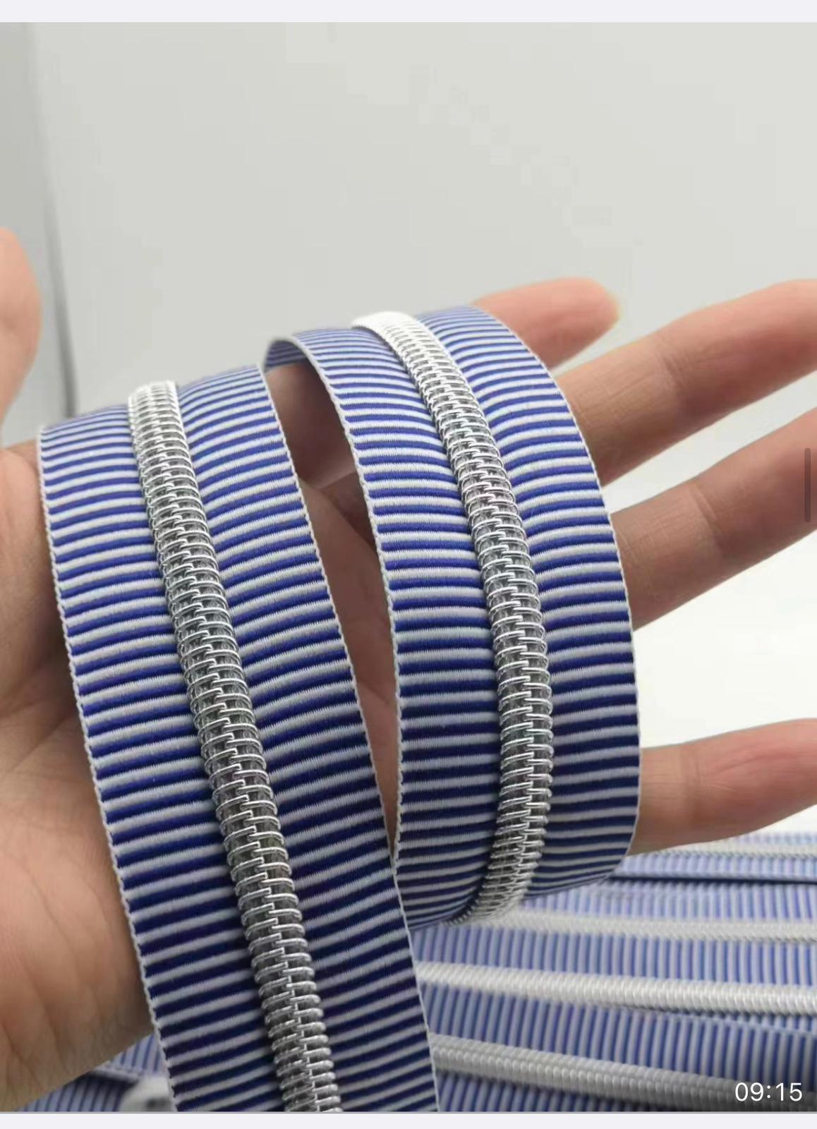 Blue/White Stripe with Silver Teeth Continuous Zipper Tape