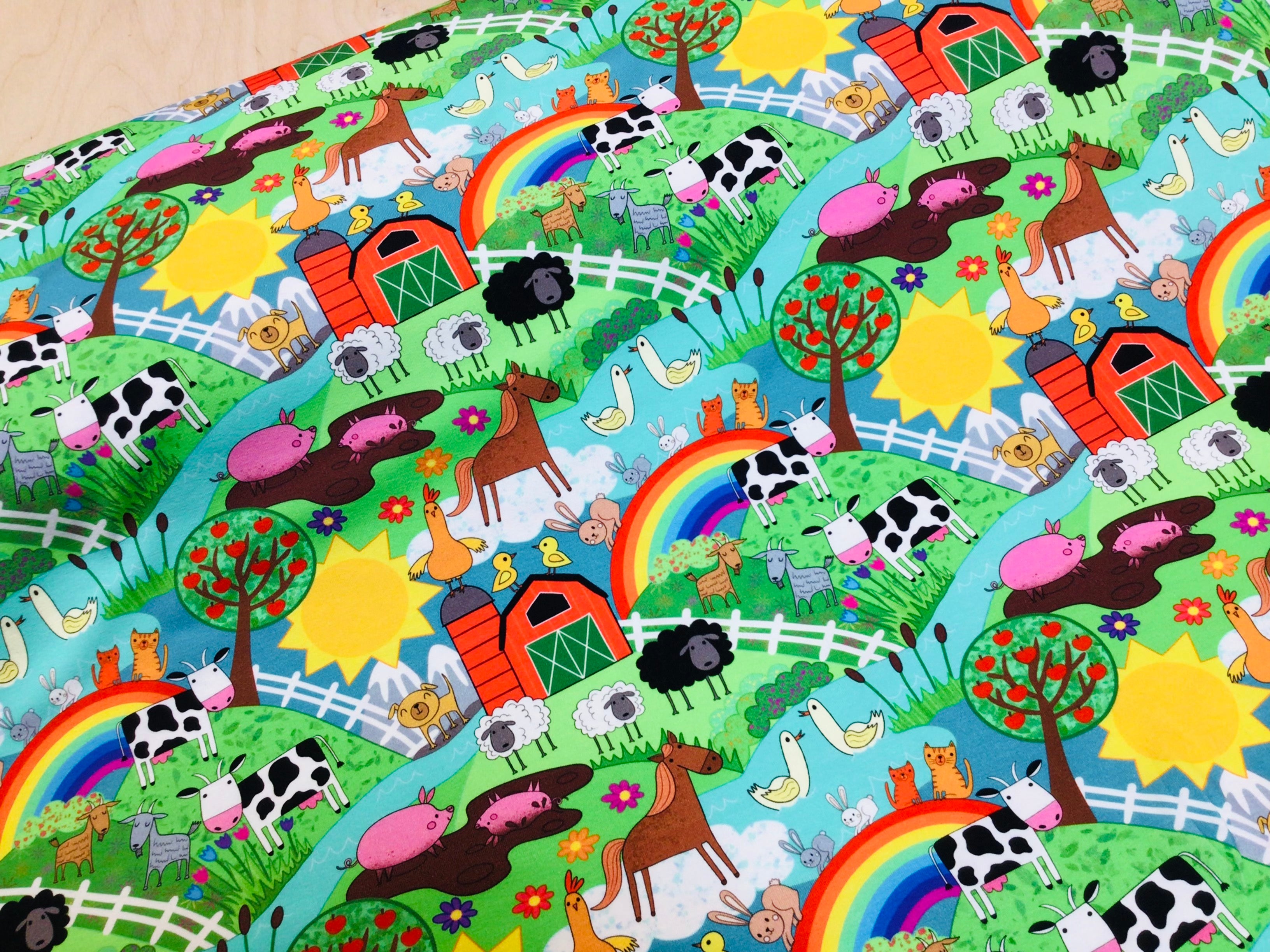 PRE ORDER Rainbow farm Cotton Jersey Fabric - DUE IN STOCK EARLY MAY