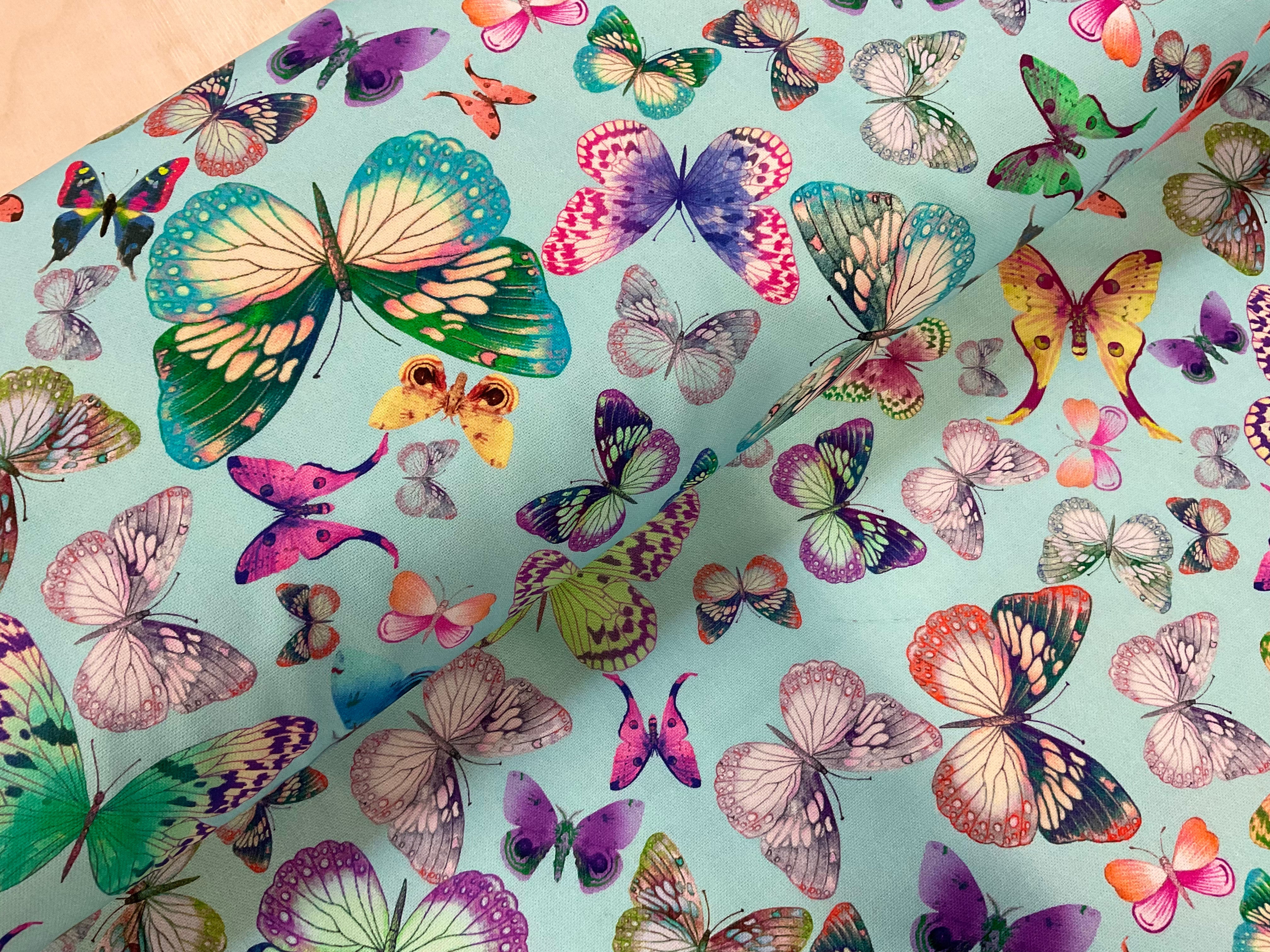 Bright Butterflies on Aqua Cotton Canvas