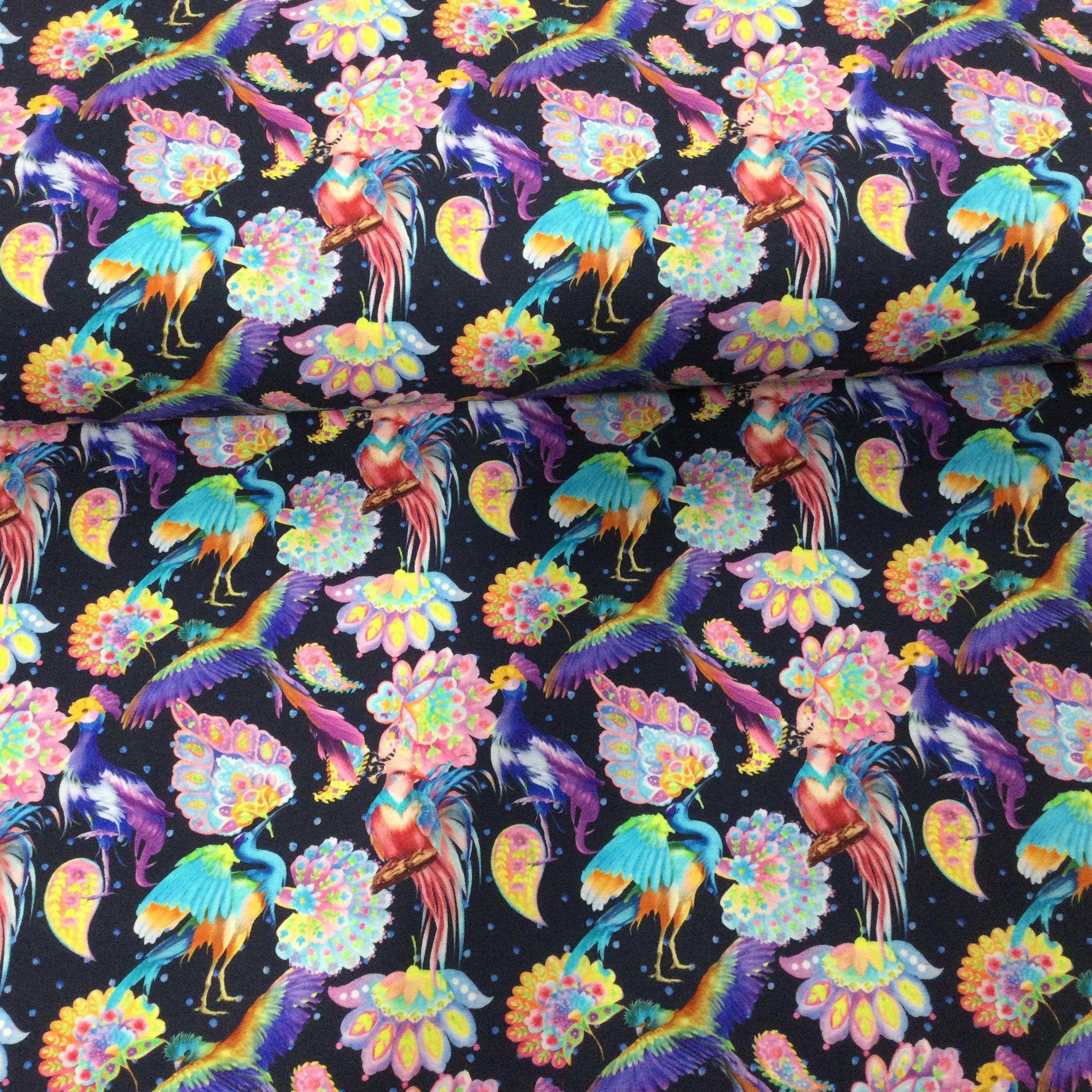 Vibrant exotic birds Cotton Jersey Fabric
