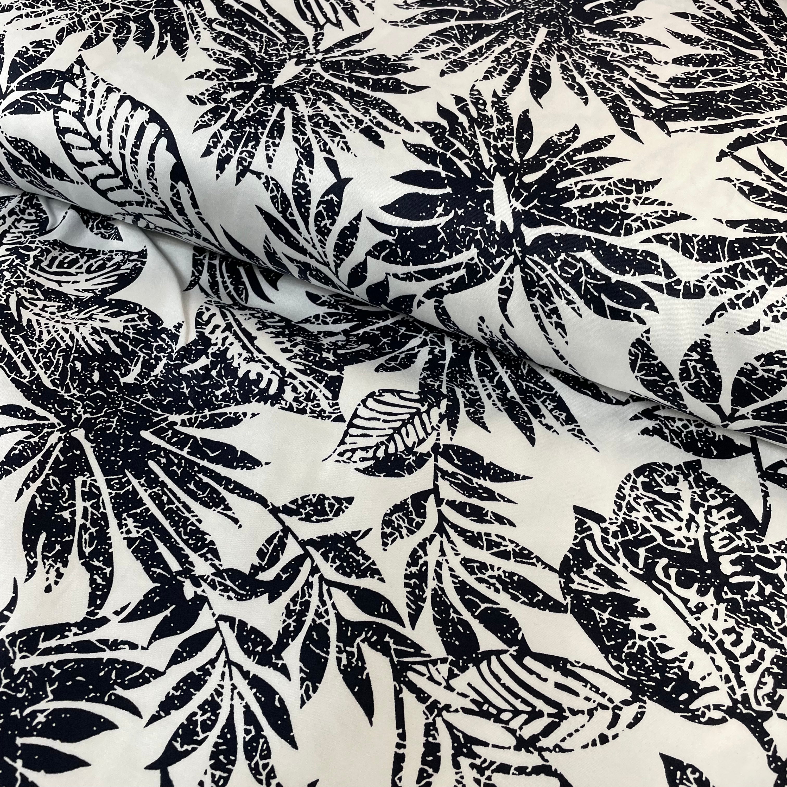 Navy leaves on White Cotton Stretch