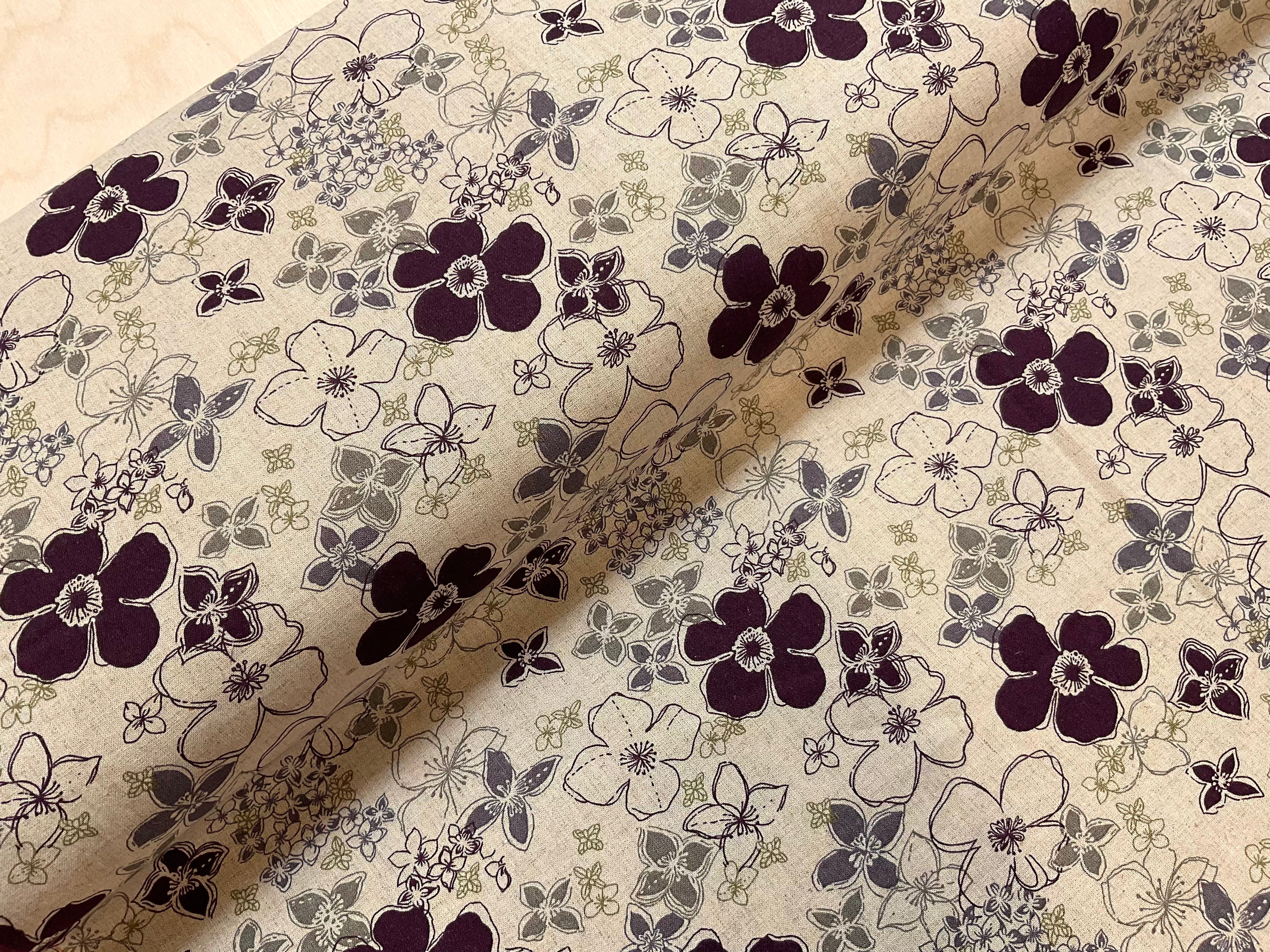 Plum Flowers on Natural Linen and Viscose Blend