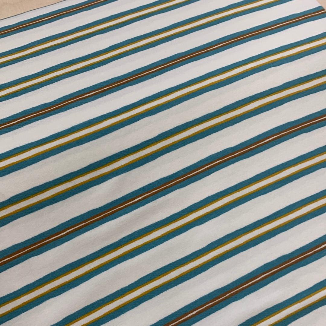 Teal/Mustard and copper stripes on White Cotton Jersey Fabric