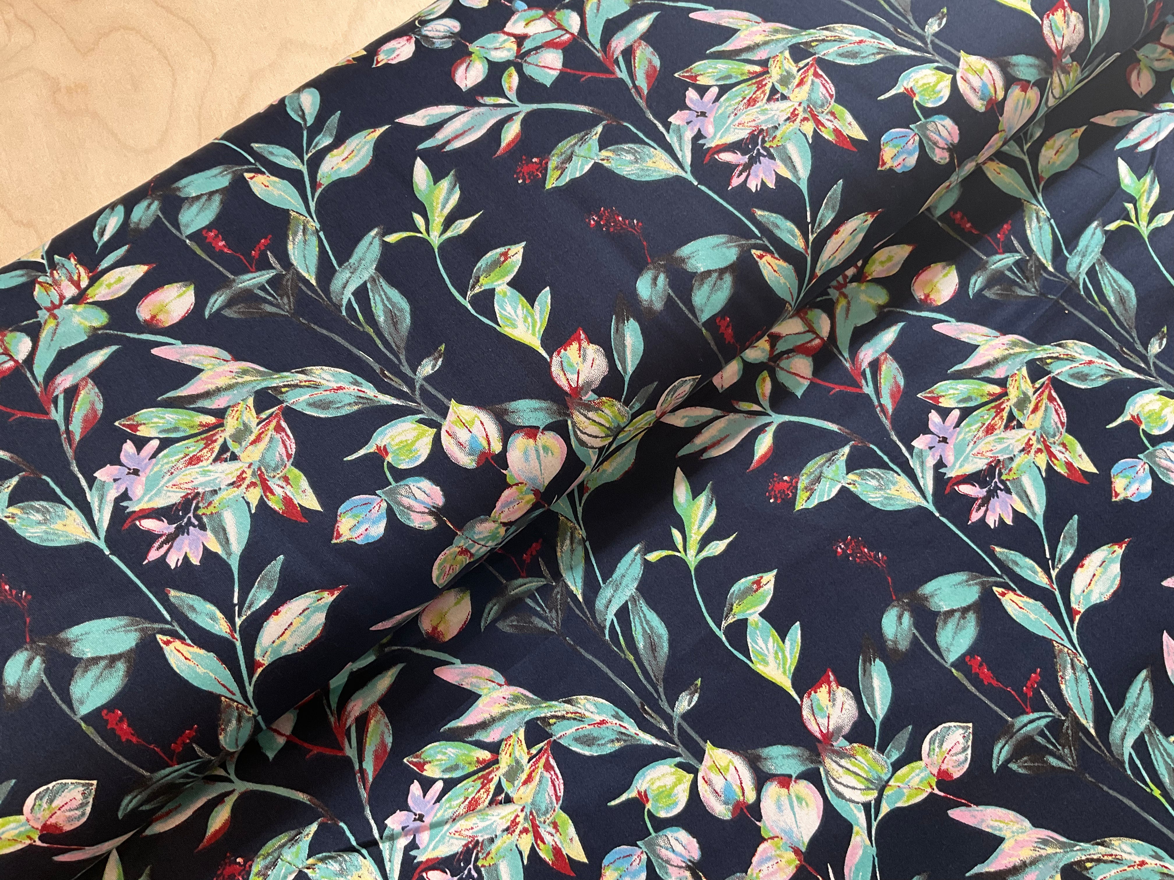 Leaves and Flowers on Navy 100% Cotton Sateen