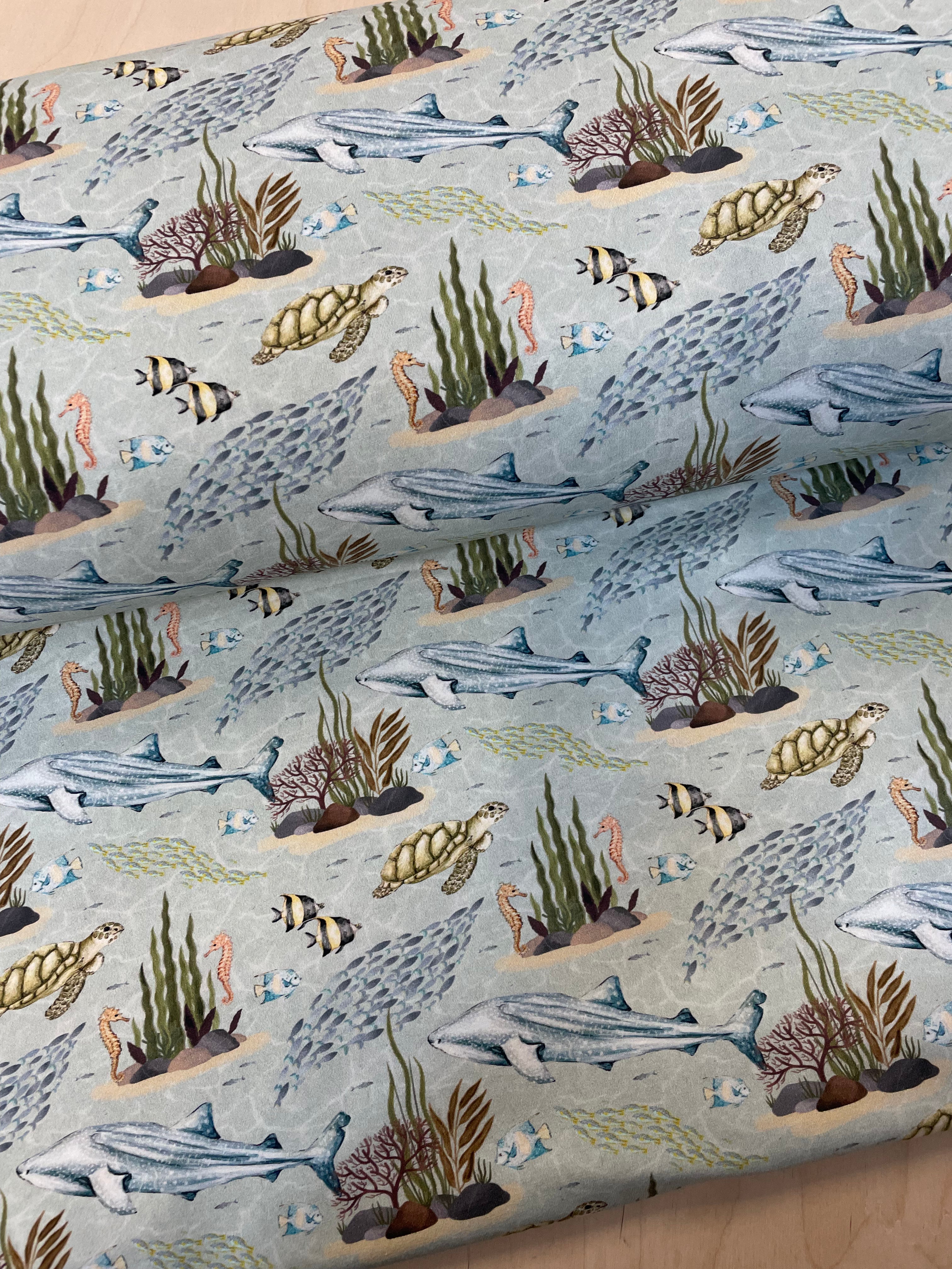 SALE Ocean Life Mint Cotton Jersey Fabric