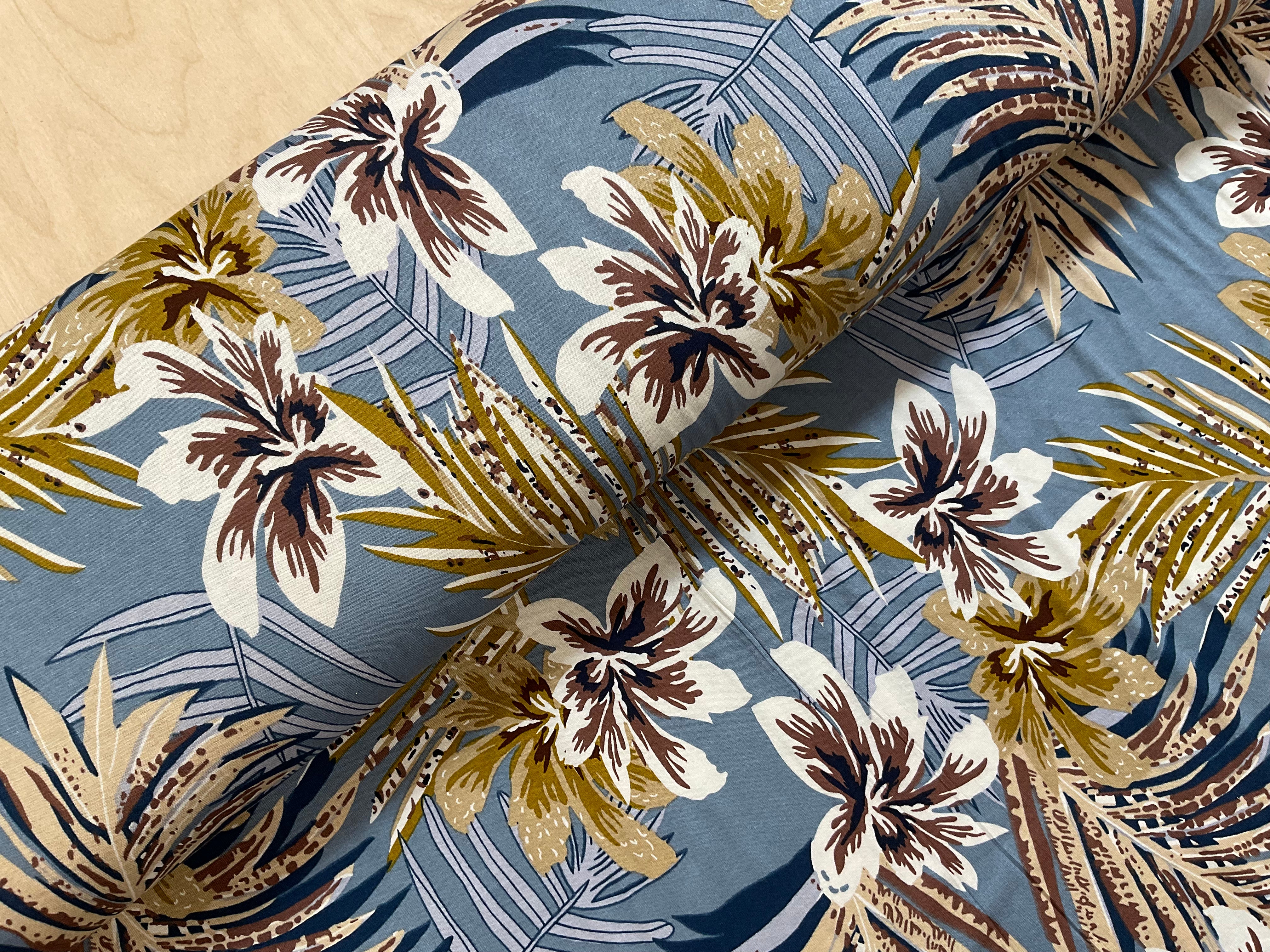 Tropical Leaves and Flowers on Dusty Blue Viscose Jersey