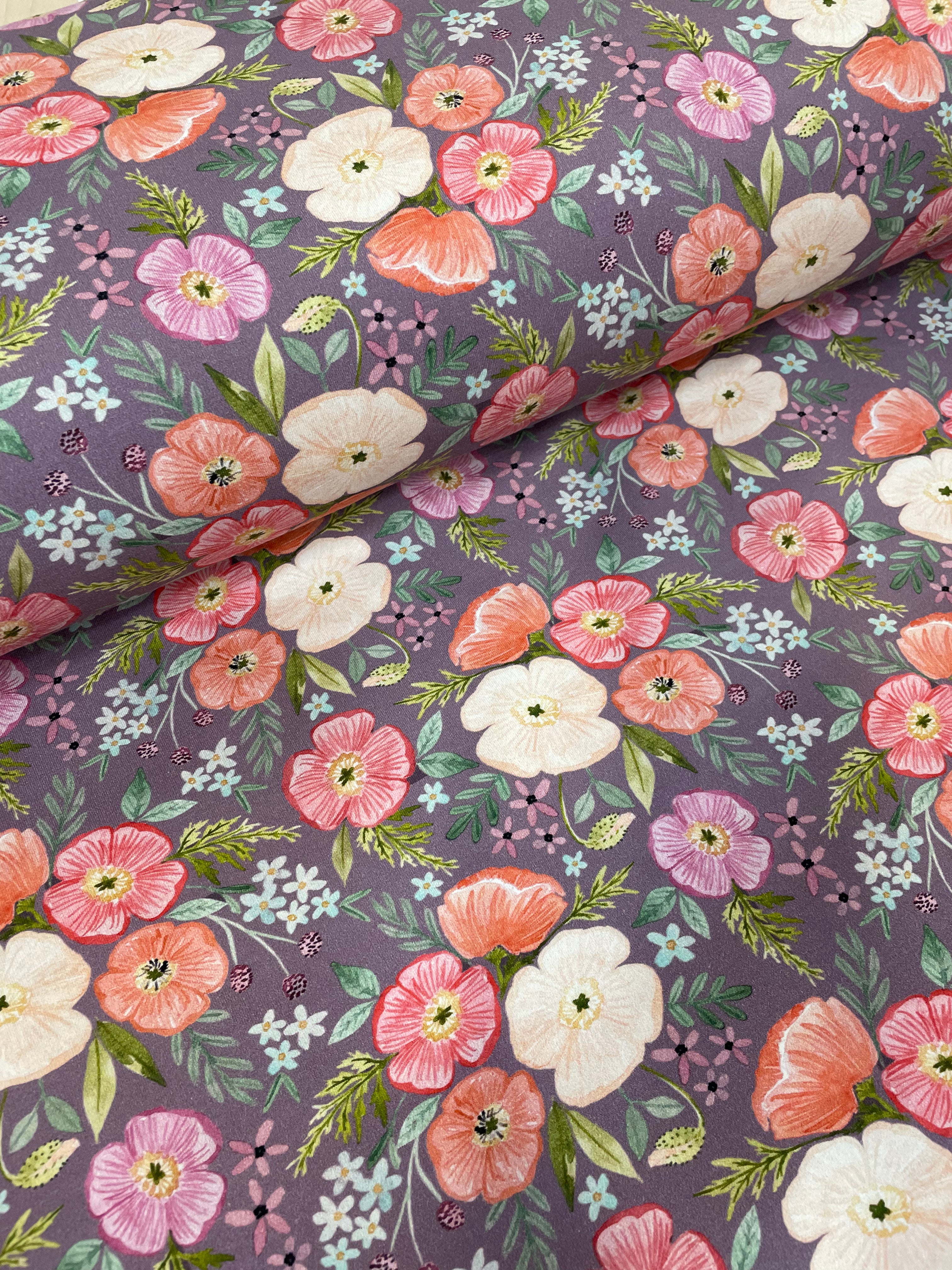 Organic Poppy Bouquet dusky lilac Cotton Jersey Fabric