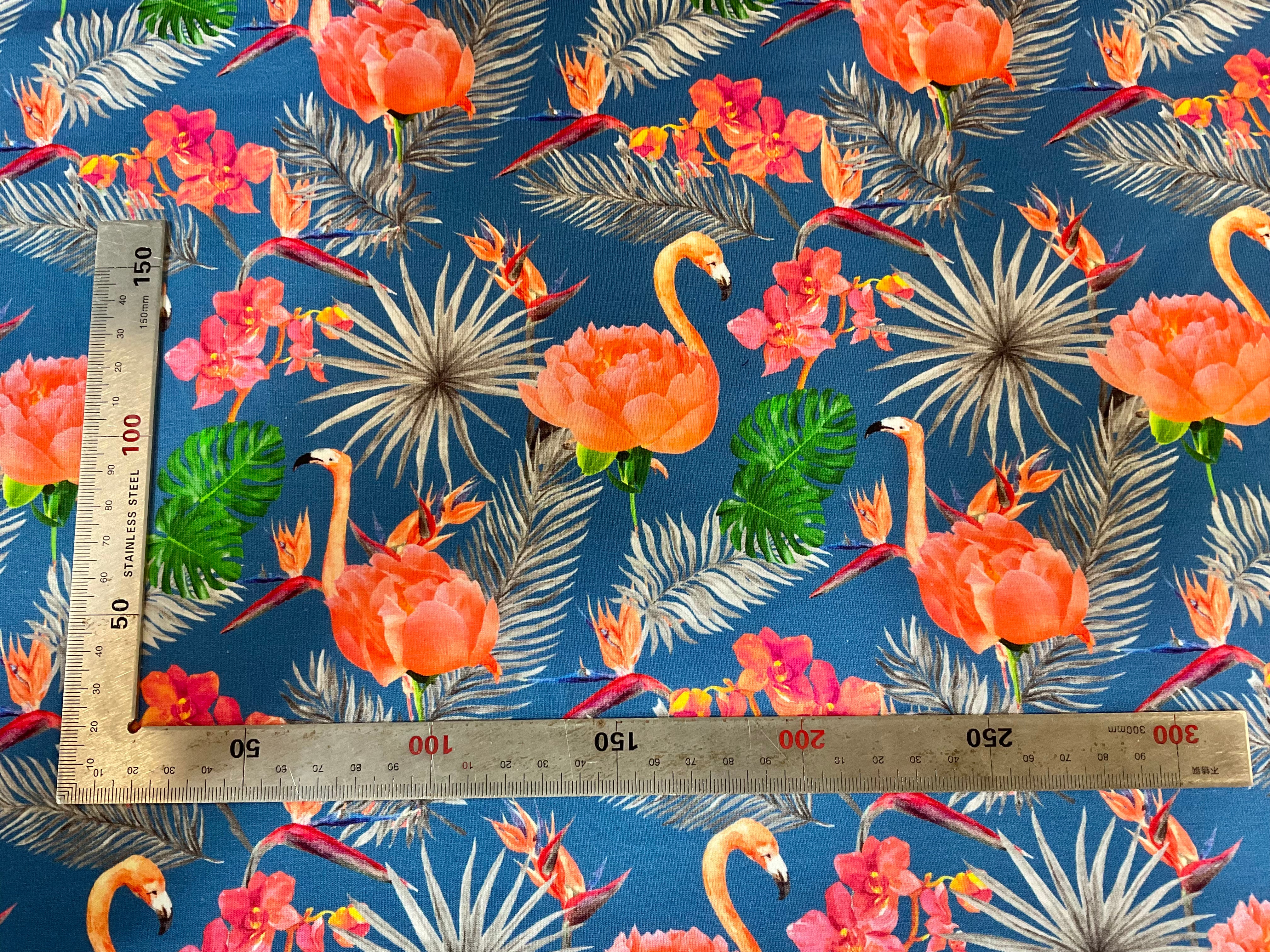 Tropical Flamingo on Blue Cotton Jersey Fabric