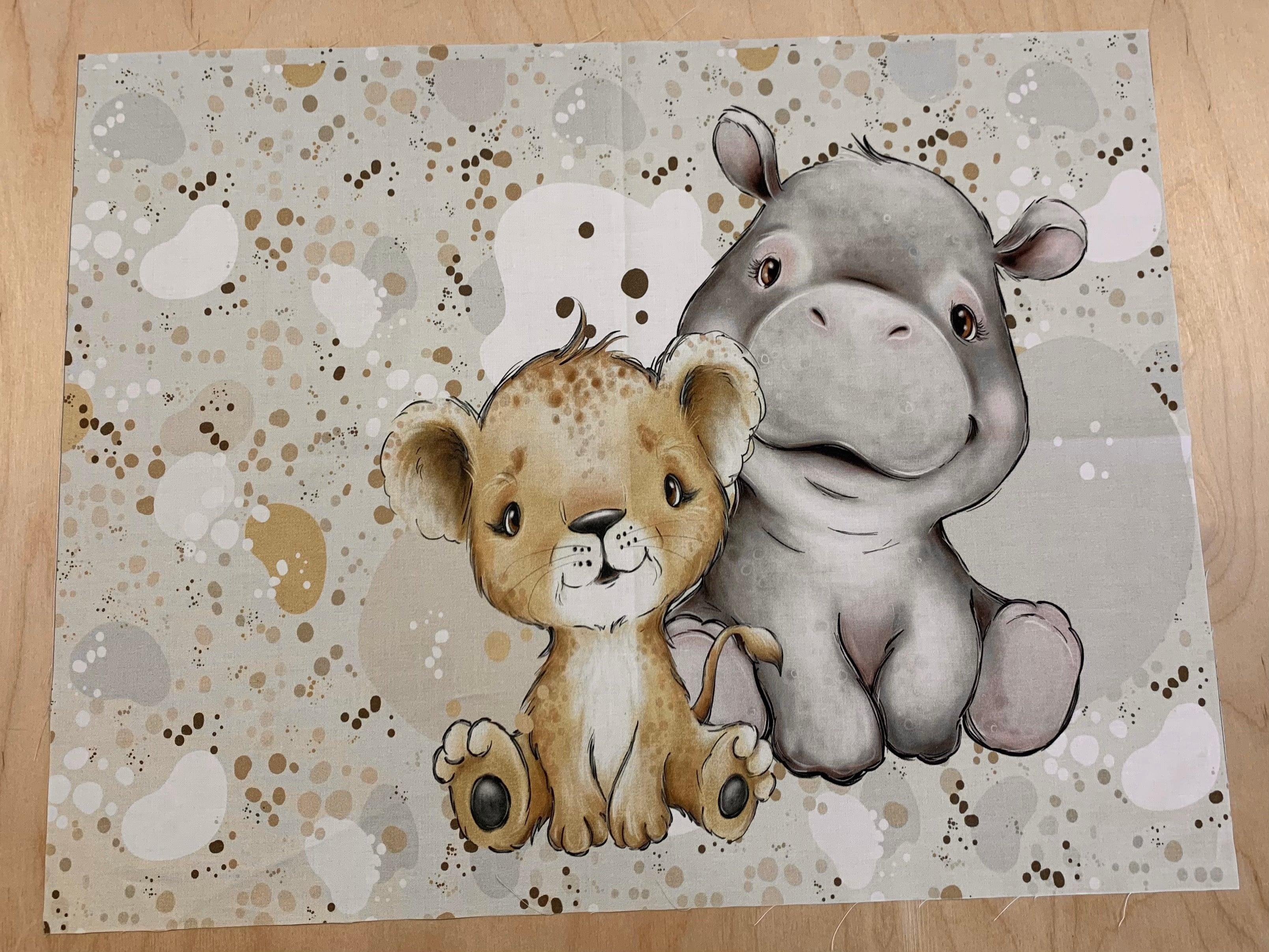 Lion Cub and Baby Hippo Cotton Cushion Panel
